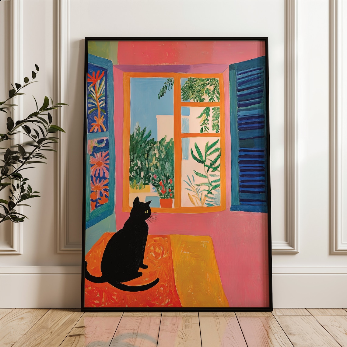 Black Cat at Pink Window with Shutters Matisse Style Art Print