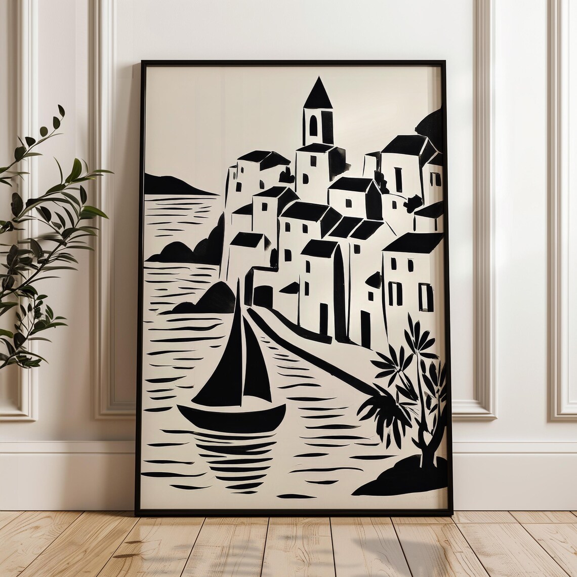 Black White Mediterranean Coastal Village Sailboat Illustration Poster