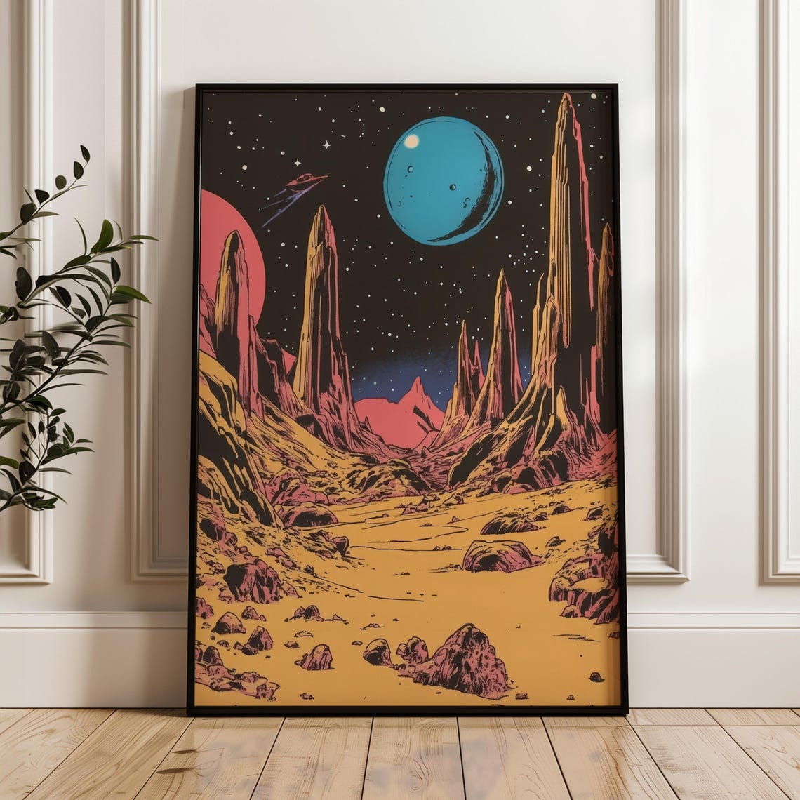 Alien Planet Blue Moon Rocket Retro Sci Fi Space Landscape Poster