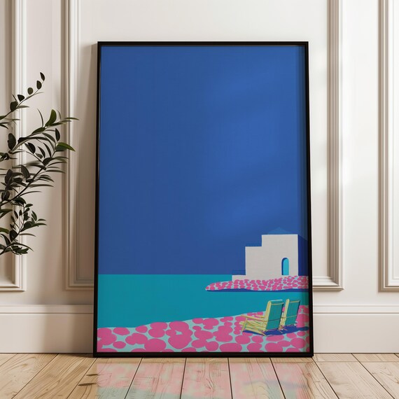 Minimalist Beach Chairs Turquoise Sea Blue Sky Coastal Pop Poster