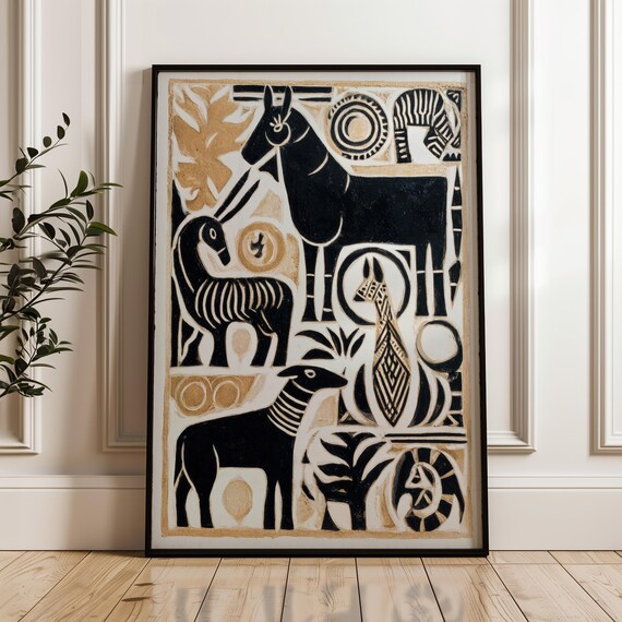 Black Gold Geometric Horse Zebra Giraffe Tribal Folk Animal Poster
