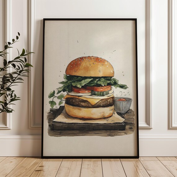 Hand Drawn Cheeseburger Watercolor Kitchen Dining Decor Poster