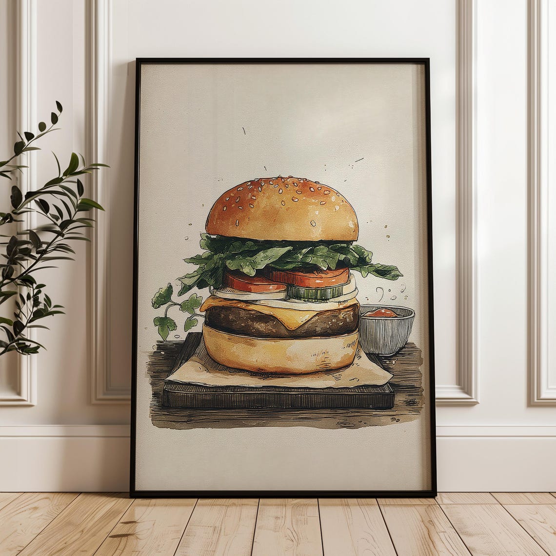 Hand Drawn Cheeseburger Watercolor Kitchen Dining Decor Poster