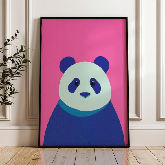 Minimal Panda Art Print Modern Pop Poster Blue And Pink Wall Decor Playful Home