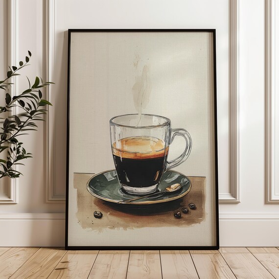 Espresso Coffee Glass Cup Hand Drawn Watercolor Cafe Kitchen Poster