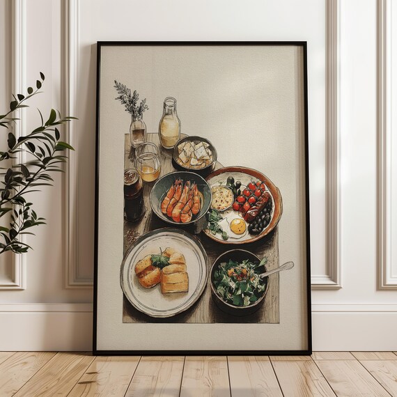 Hand Drawn Food Spread Illustration Kitchen Wall Decor Art Poster