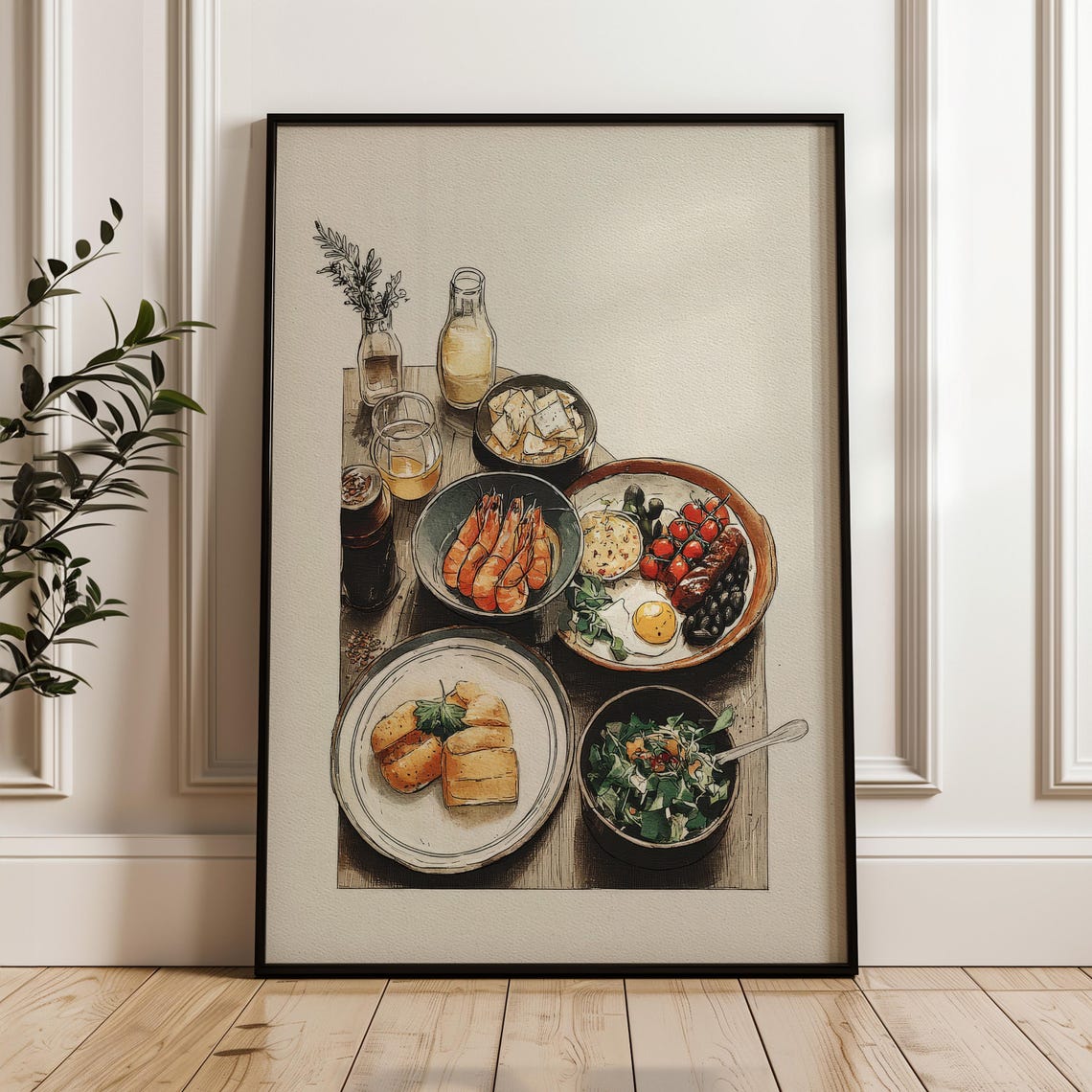 Hand Drawn Food Spread Illustration Kitchen Wall Decor Art Poster