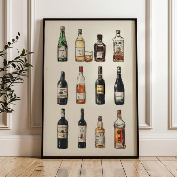 Liquor Selection Art Poster Handdrawn Bottles Illustration Print On Matte Paper