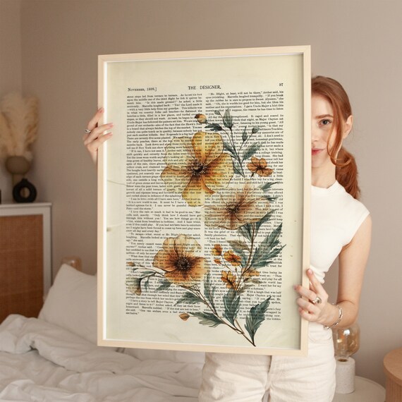 Vintage Book Page Pressed Yellow Flowers Customizable Literary Art Poster