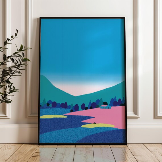 Minimal Blue Coastal Landscape Pop Art Poster with Pink Hills