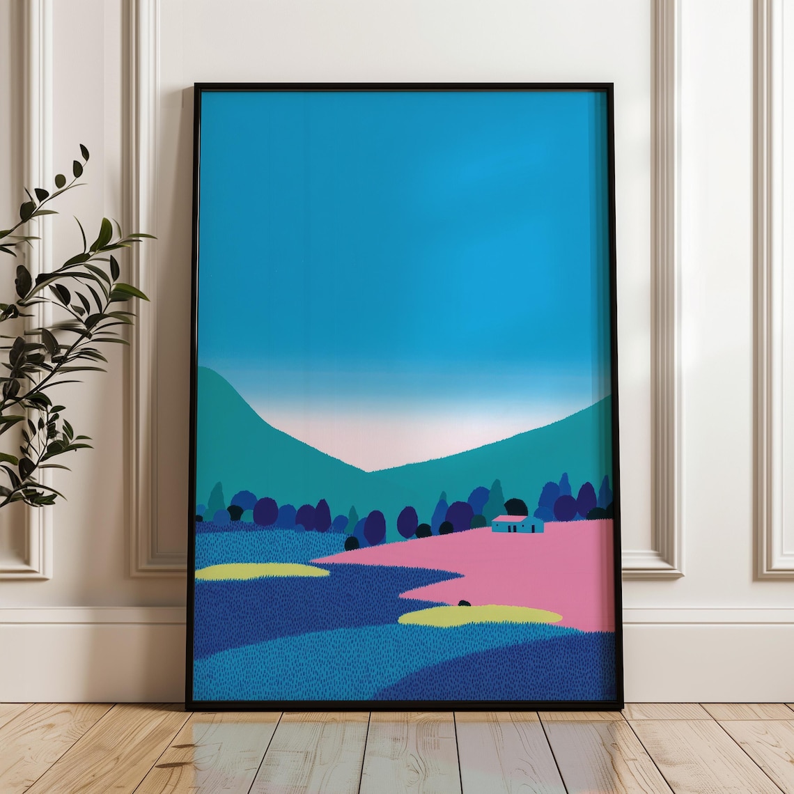 Minimal Blue Coastal Landscape Pop Art Poster with Pink Hills