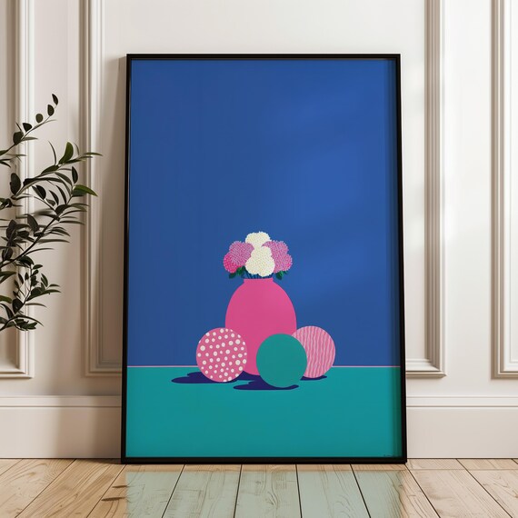 Minimalist Floral Vase Bouquet Pink Blue Bold Pop Art Wall Print