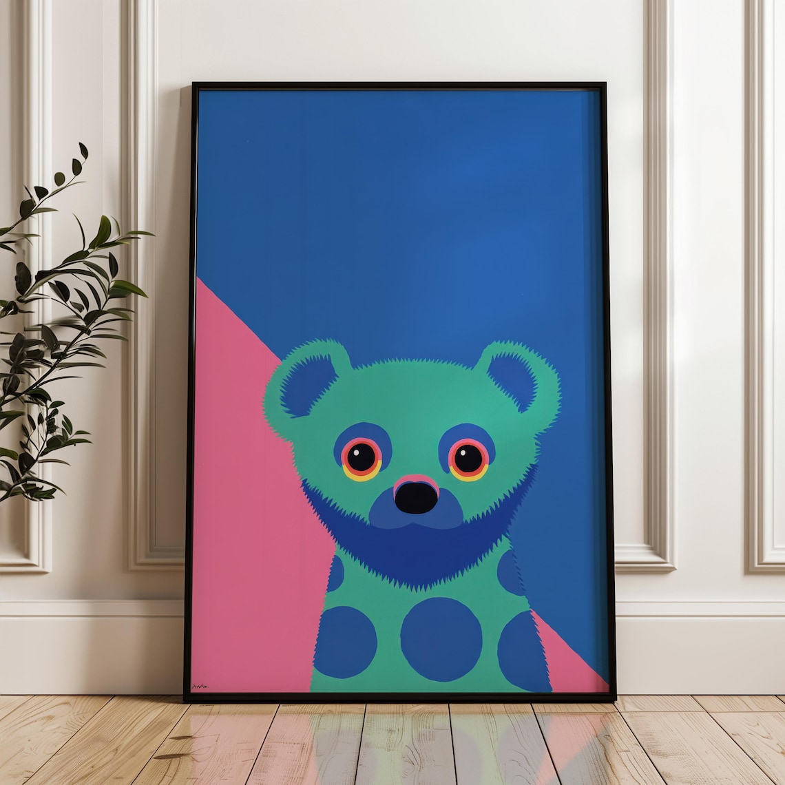 Playful Green Spotted Creature Blue Pink Minimalist Pop Art Poster