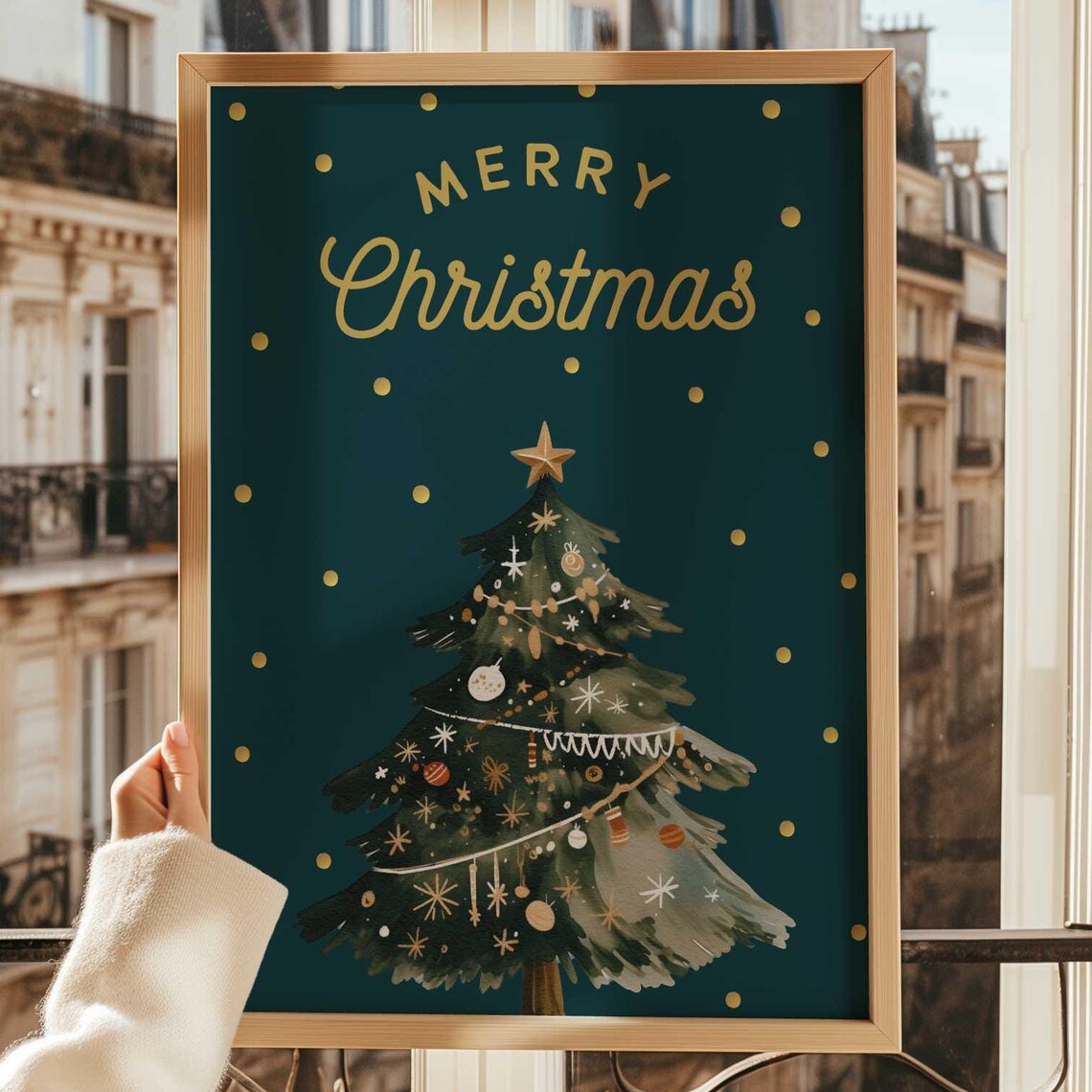 Gold Merry Christmas Script Teal Watercolor Tree Holiday Poster - Image 4