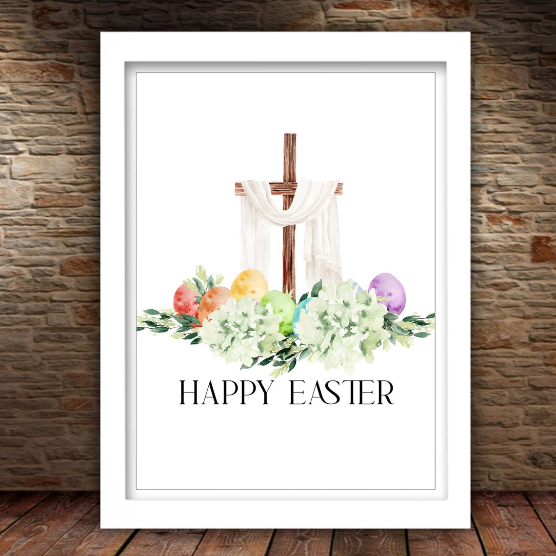 Happy Easter Cross With White Drape Hydrangea Watercolor Poster - Image 2
