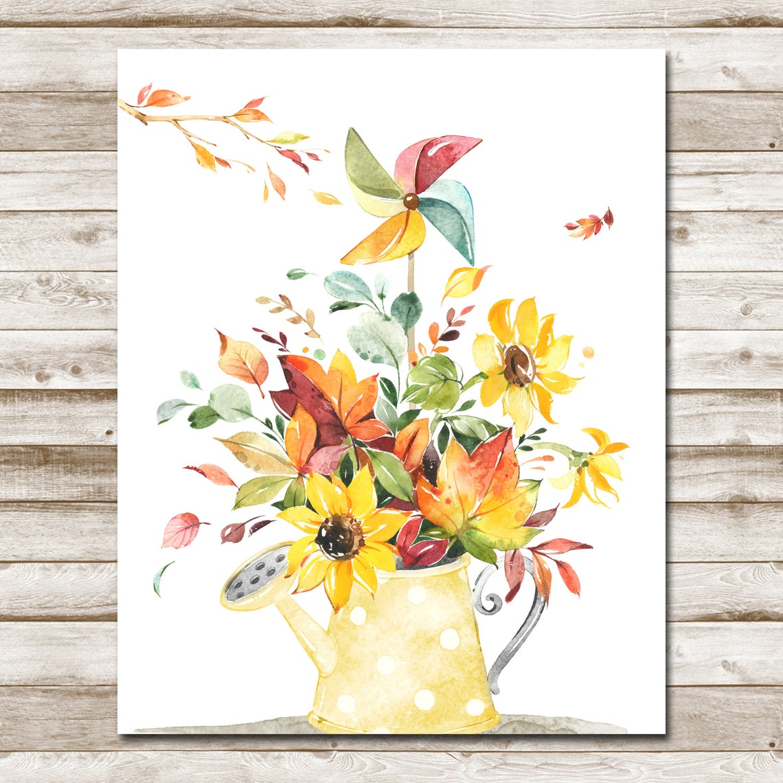 Sunflower Watering Can Autumn Leaves Pinwheel Fall Art Print - Image 4