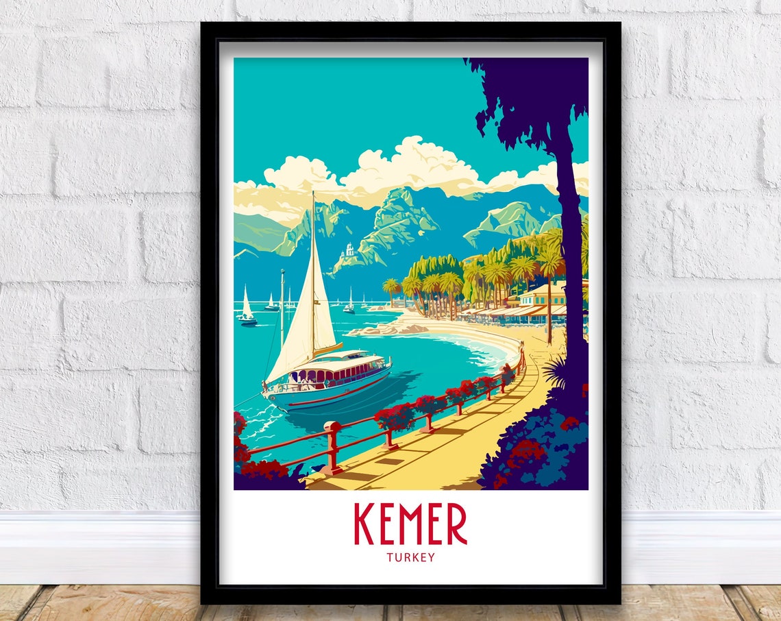 Kemer Turkey Sailing Boat Bay Blue Coast Vintage Travel Poster
