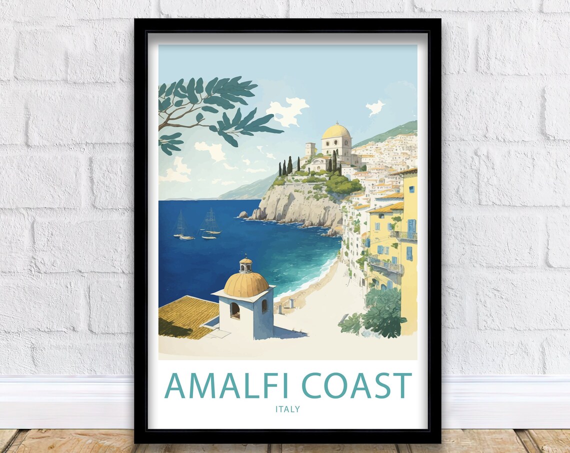 Amalfi Coast Italy Cliffside Village Church Dome Beach View Poster
