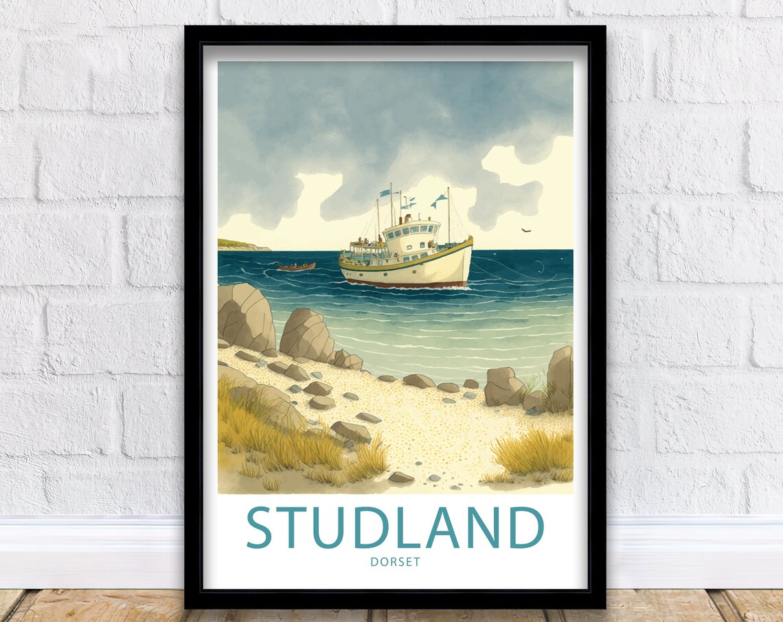 Studland Dorset Ferry Crossing Rocky Shore Watercolor Beach Poster