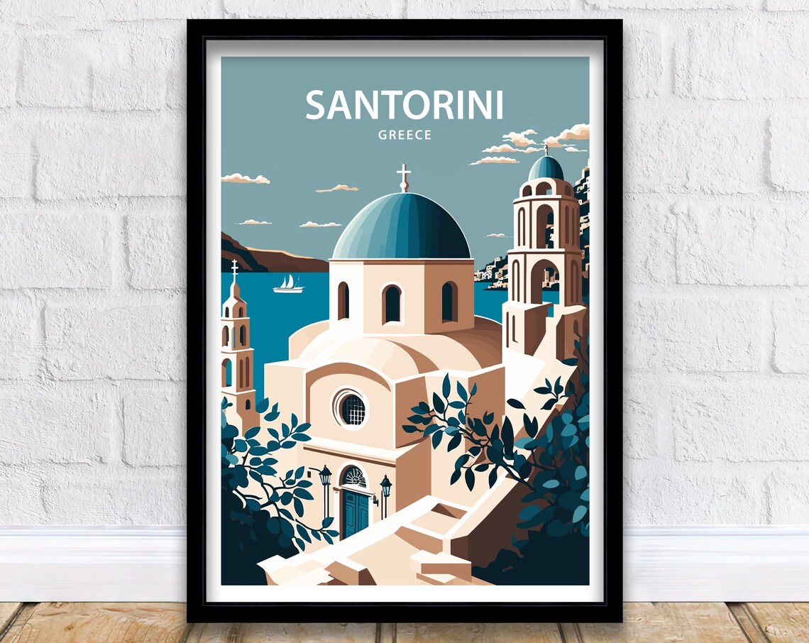 Santorini Greece Blue Dome Church Sea View Iconic Travel Poster