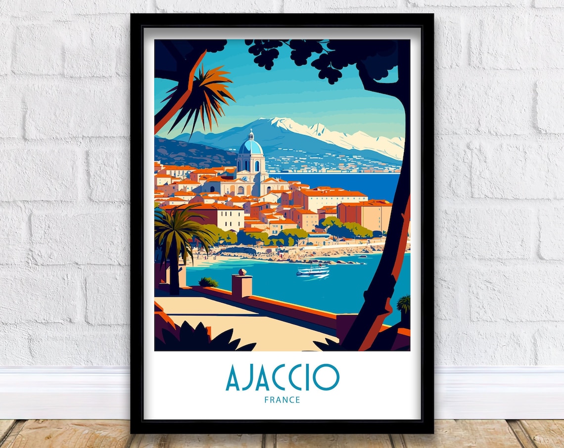 Ajaccio France Bay Town Domed Church Palm Trees Retro Art Poster