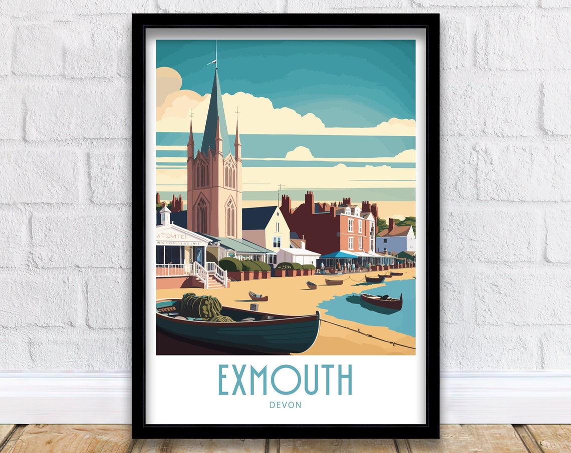 Exmouth Devon Beach Boats Church Spire Vintage Travel Poster