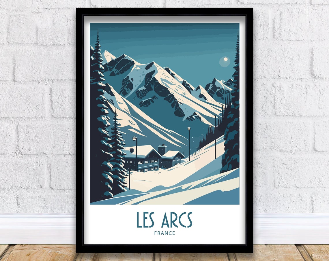 Les Arcs France Moonlit Ski Chalets Mountain Night Travel Poster