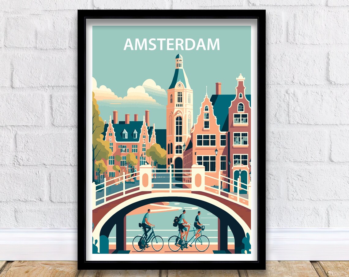 Amsterdam Canal Bridge Cyclists Church Tower Pastel Travel Poster
