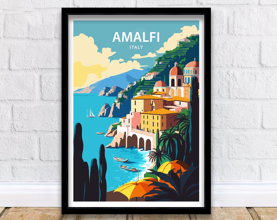 Amalfi Italy Colorful Cliffside Village Travel Illustration Poster