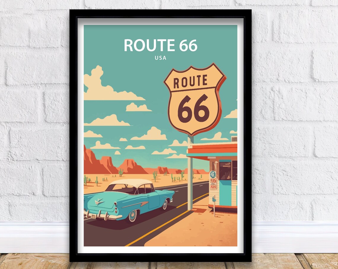 Route 66 USA Highway Shield Classic Car Desert Retro Travel Poster
