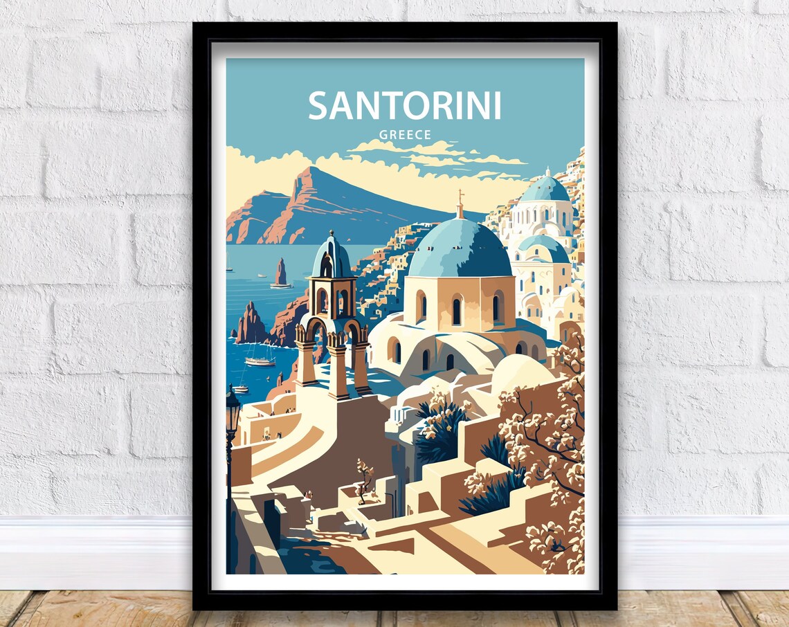 Santorini Greece Blue Domed Churches Over Oia Caldera Travel Poster