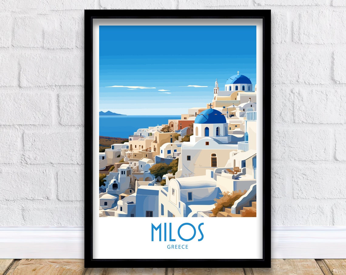 Milos Greece Whitewashed Blue Dome Seaside Town Travel Poster