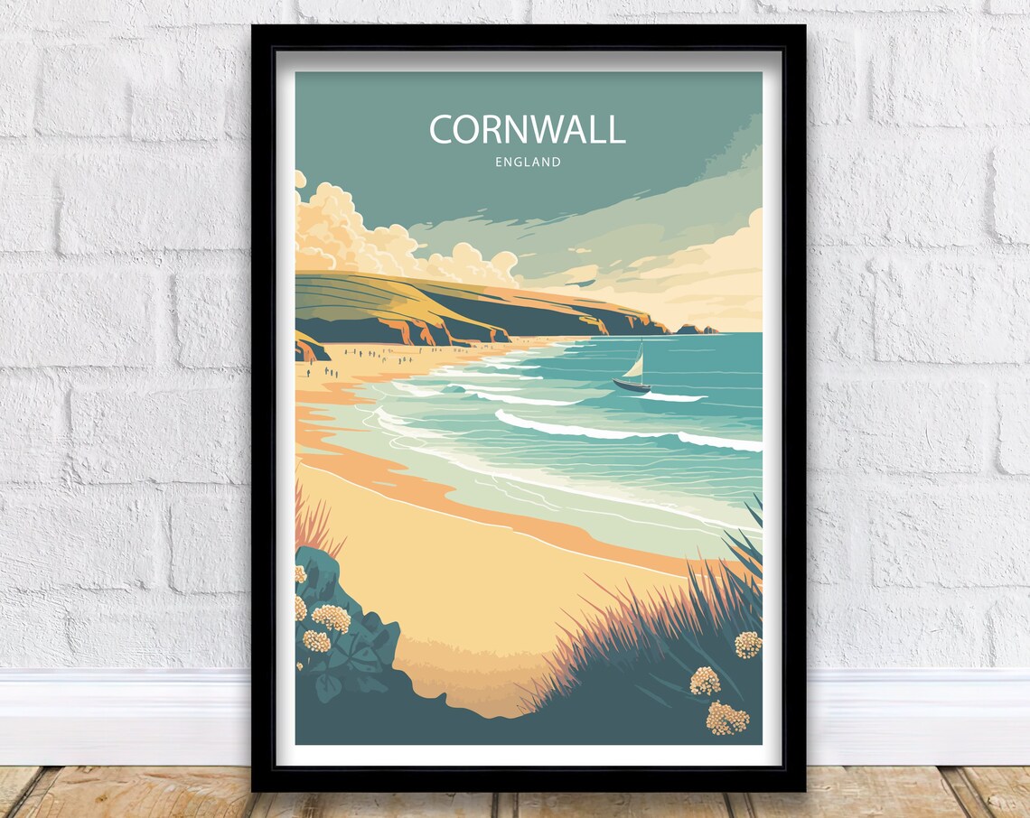 Cornwall England Golden Beach Retro Surf Coast Travel Poster