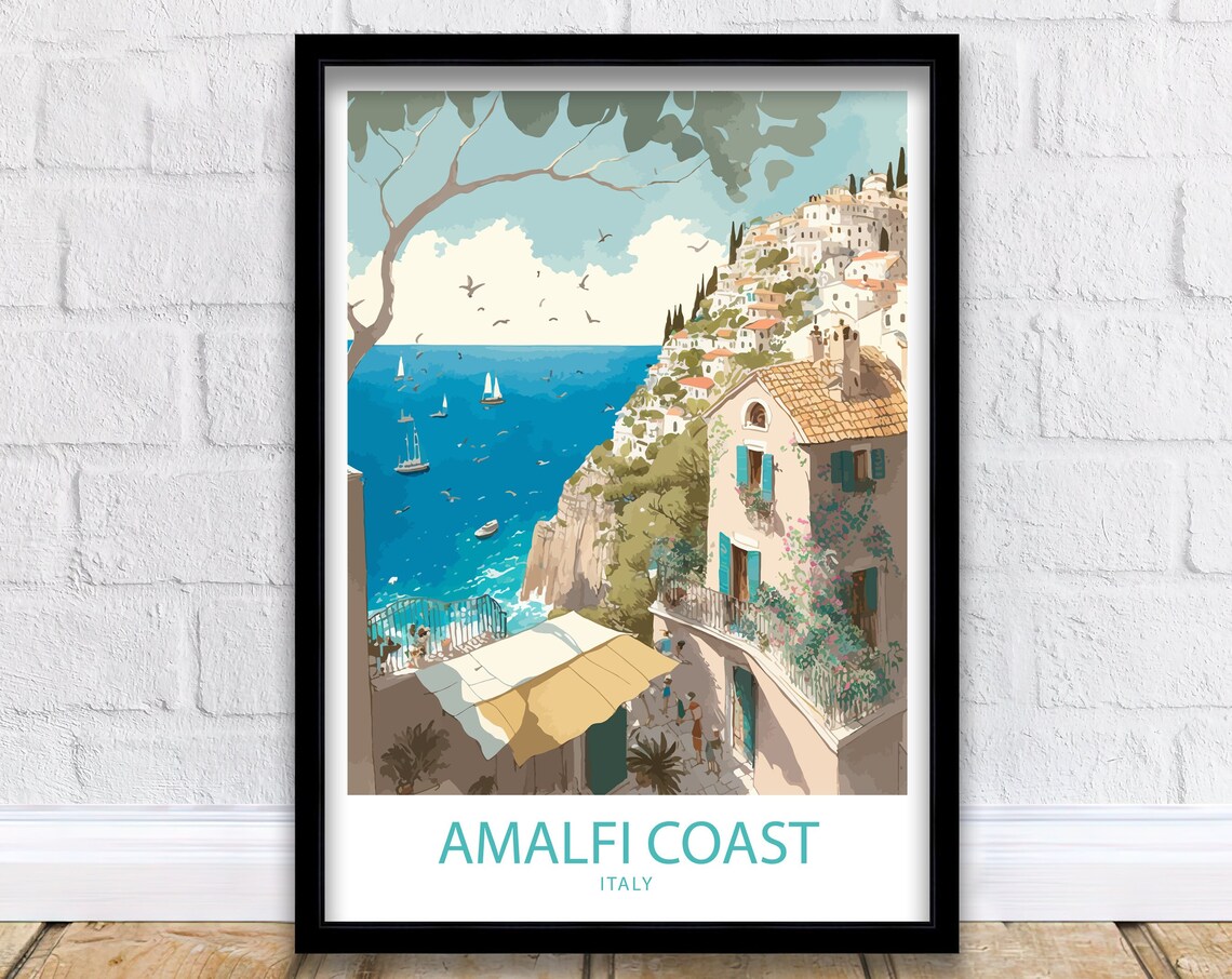 Amalfi Coast Italy Hillside Village Sailboats Watercolor Travel Poster