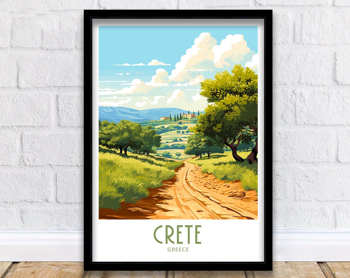 Crete Greece Olive Grove Country Road Sunny Retro Travel Poster