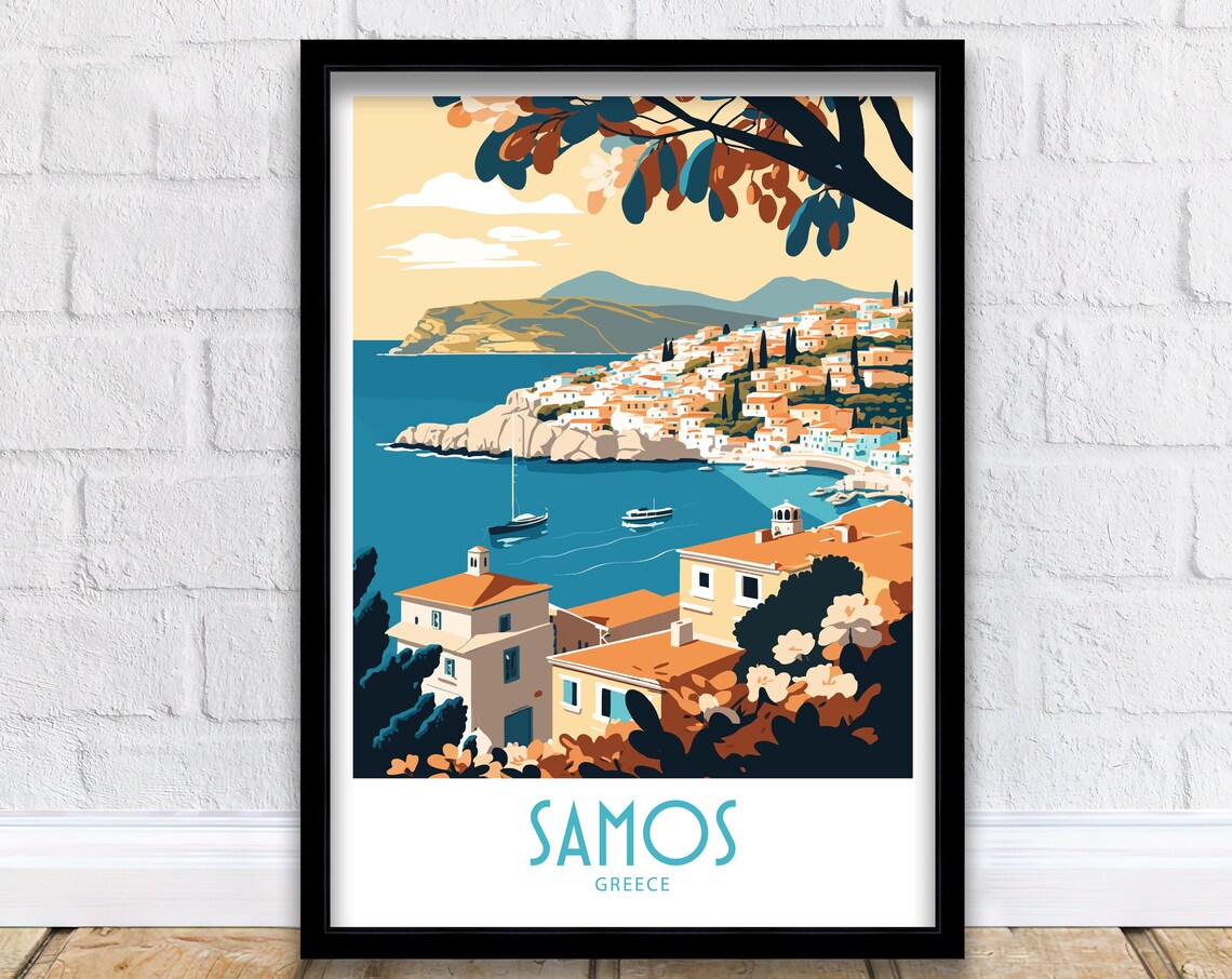 Samos Greece Hillside Town Harbor Bay Sunset Vintage Travel Poster