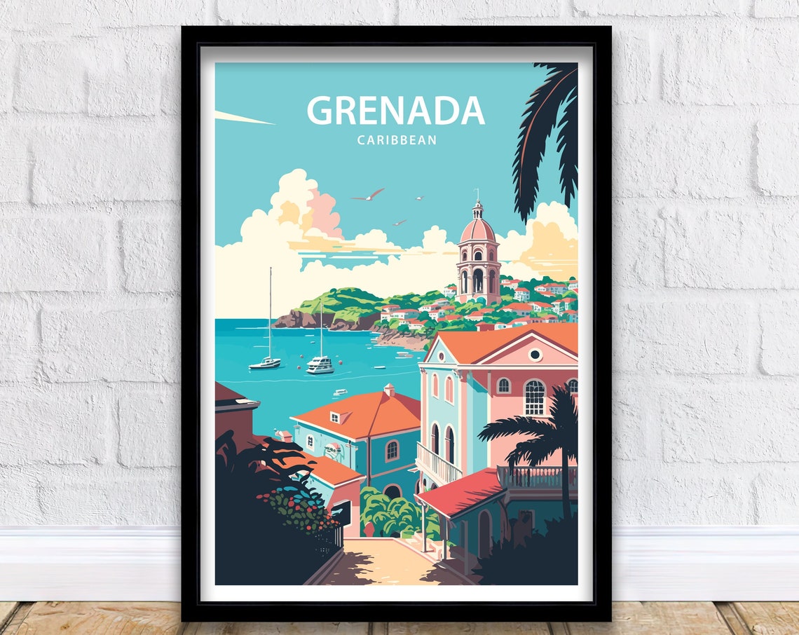 Grenada Caribbean Coastal Church Tower And Turquoise Bay Travel Poster