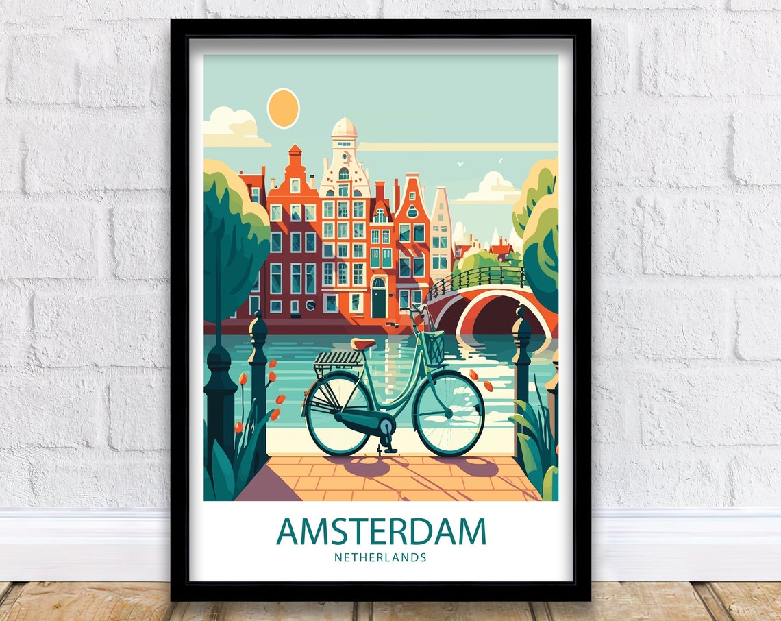 Amsterdam Netherlands Canal Bridge Bicycle Tulips Travel Poster