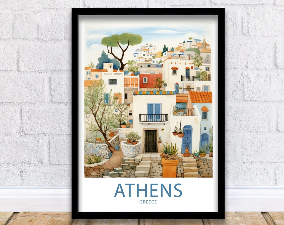Athens Greece Whitewashed Village Lane Watercolor Travel Poster
