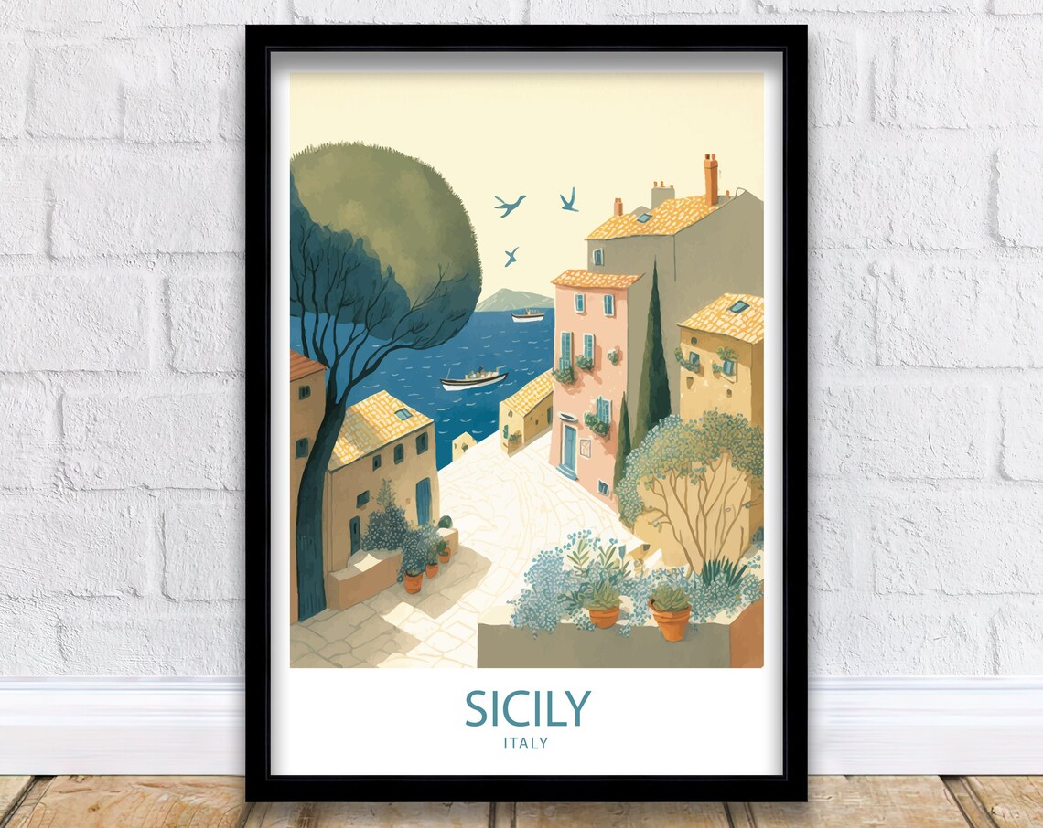 Sicily Italy Sunlit Village Square Sea View Vintage Travel Poster