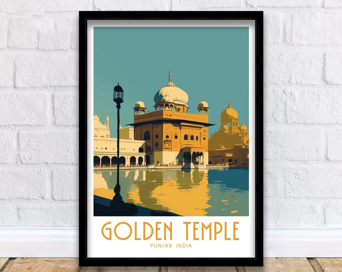 Golden Temple Punjab India Vintage Travel Poster Sunset View