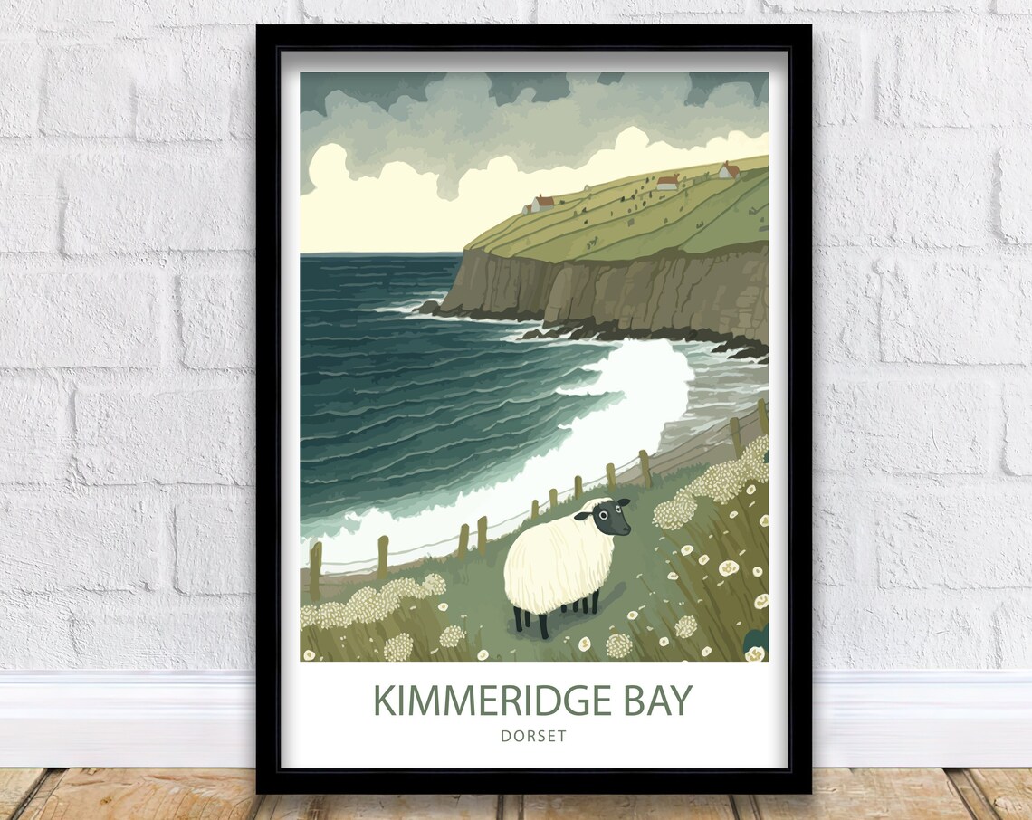 Kimmeridge Bay Dorset Sheep Flowers Cliff Retro Travel Poster