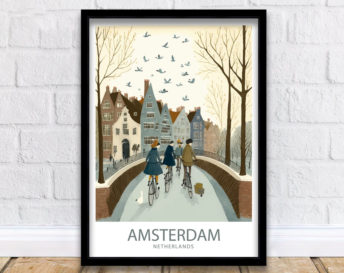 Amsterdam Netherlands Winter Canal Bridge Cyclists Art Poster