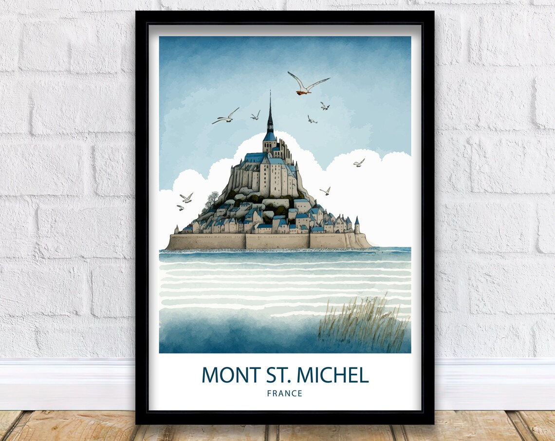 Mont St Michel France Watercolor Abbey Seagulls Travel Poster