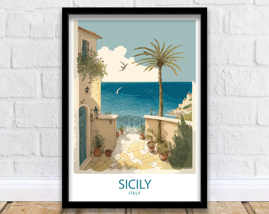 Sicily Italy Seaside Terrace Palm Stone Courtyard Travel Poster