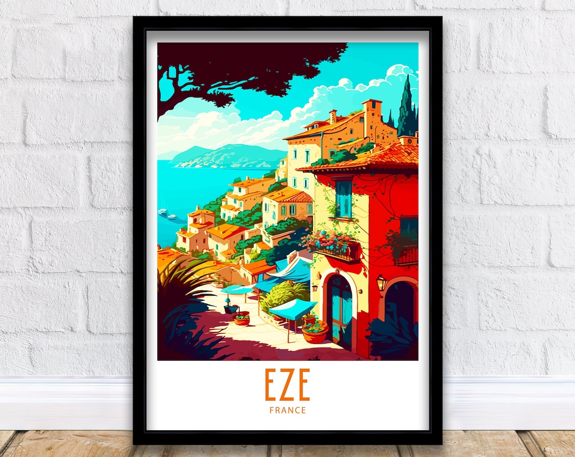 Eze France Hilltop Village Colourful Houses Riviera Travel Poster