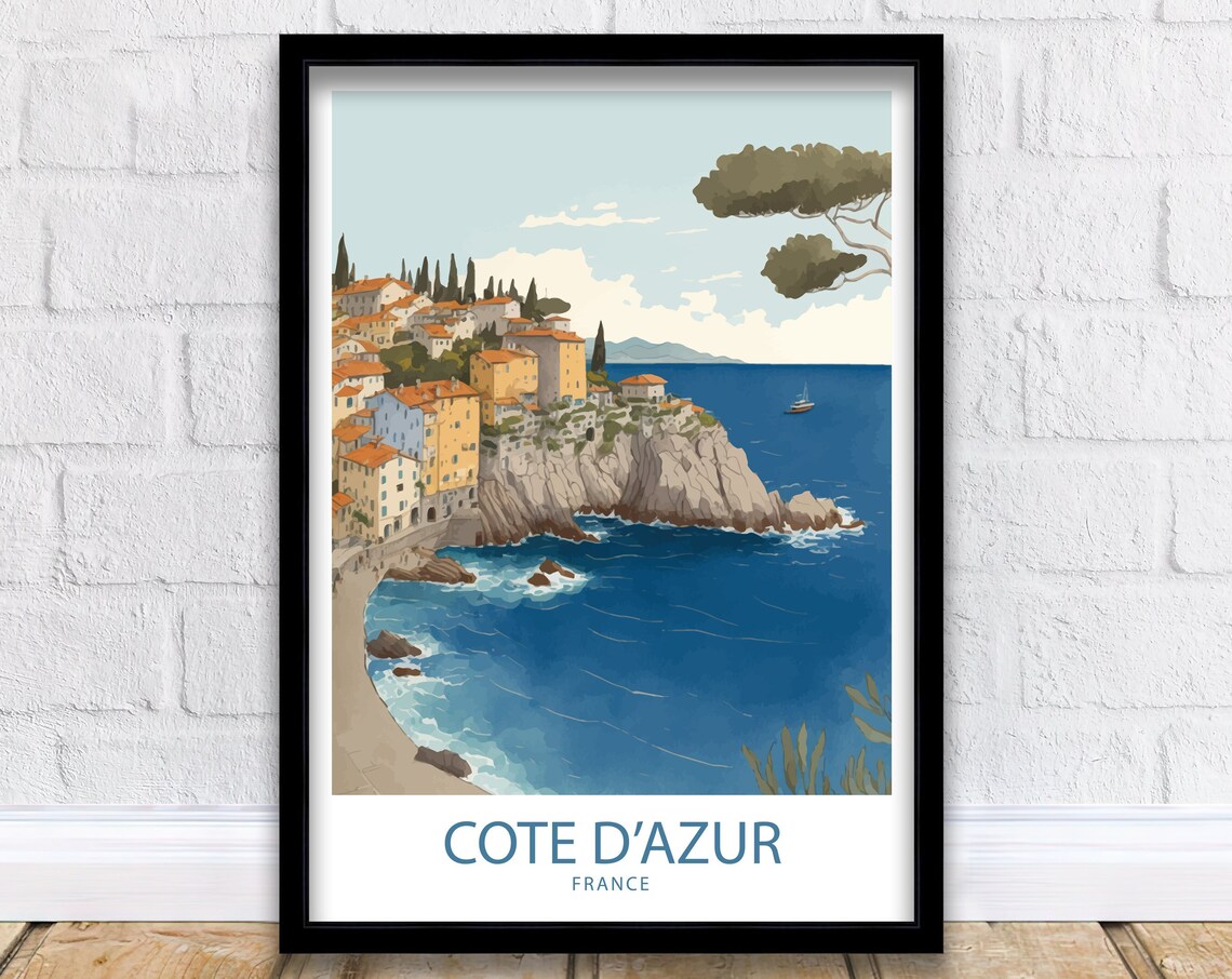Cote dAzur France Riviera Cliff Village Ocean Vintage Travel Poster