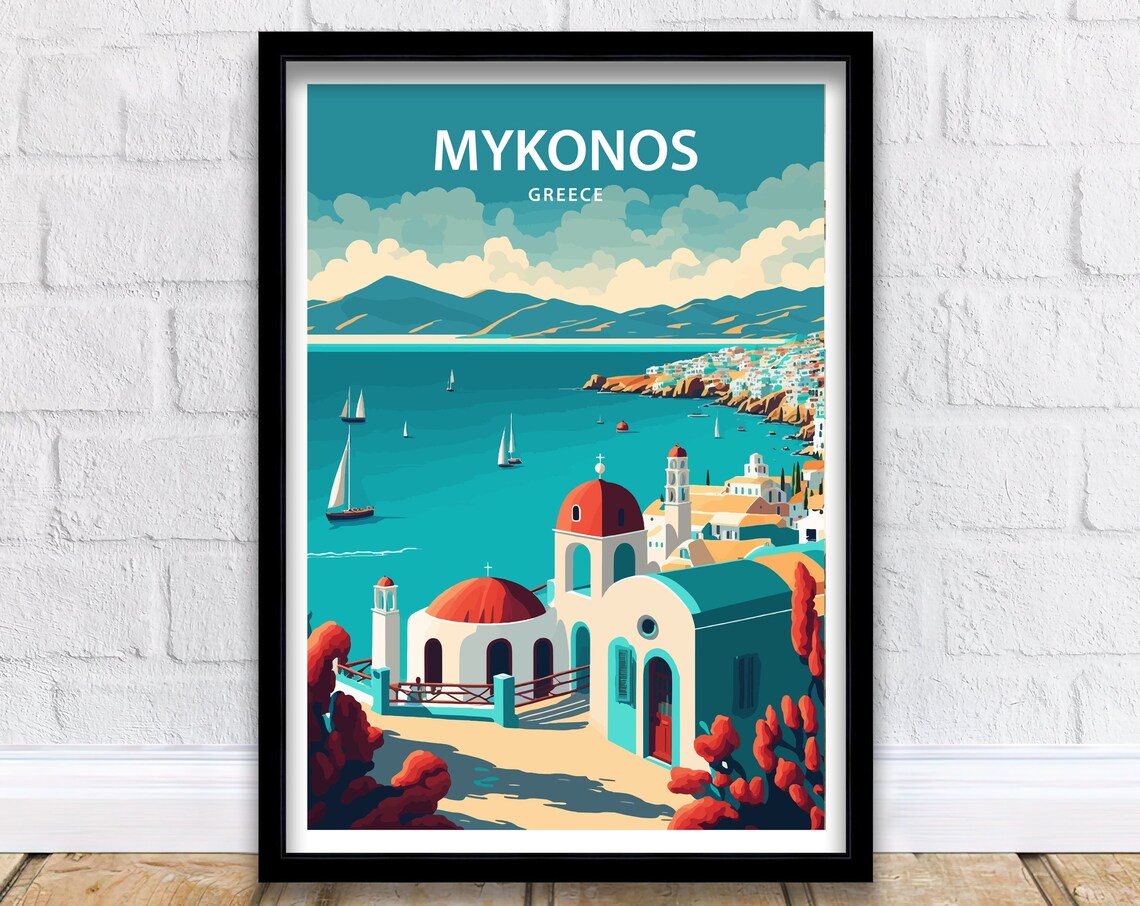 Mykonos Greece Red Domed Church Bay Sailboats Vintage Travel Poster