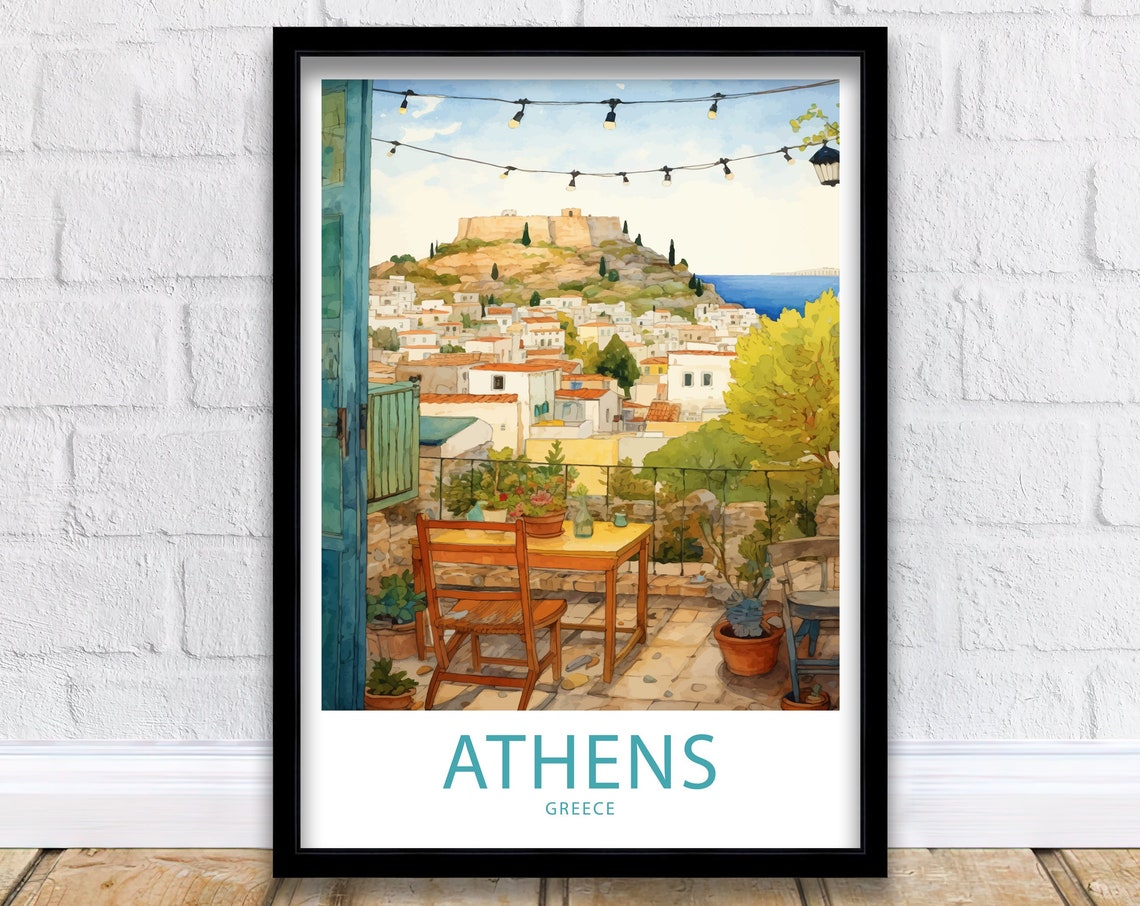 Athens Greece Acropolis View Terrace Watercolor Travel Poster