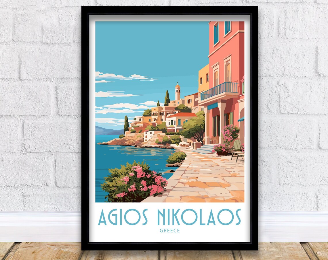 Agios Nikolaos Greece Waterfront Promenade Blooms Travel Poster